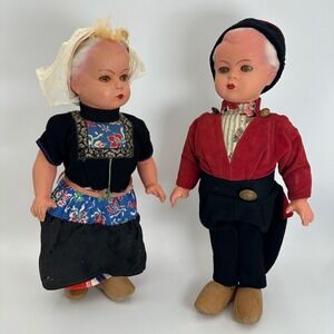 Vtg Dutch Walking Dolls Pair Boy Girl 17" Mechanical Wood Body European 30s 40s